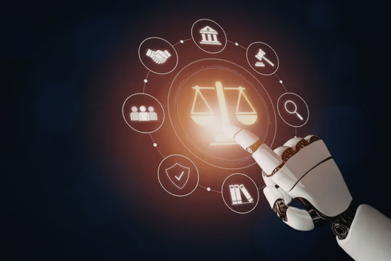 AI robot finger pointing at a balance representing fairness