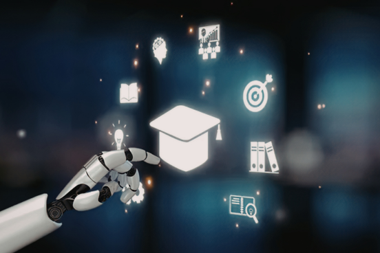 AI robot finger is pointing at a graduation cap 