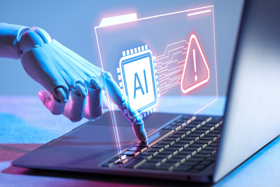 AI robot finger pointing at a laptop with AI chip 